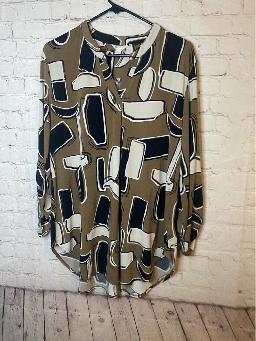 Cato geometric Semi Sheer polyester blouse Large roll tab sleeves ^